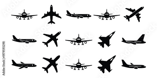 Black airplane silhouette icons set, 15 commercial aircraft and fighter jet vector elements, aviation transport symbols for travel and logistics