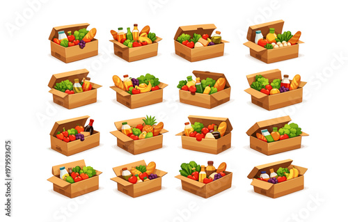 Collection of food boxes filled with fresh fruits and vegetables on white background