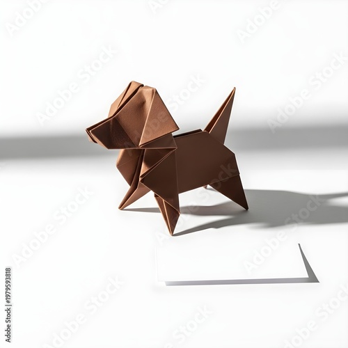 Minimalist Brown Origami Dog Figurine on White Surface with Shadow