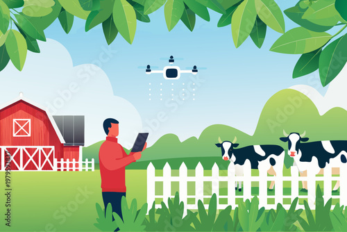 A farmer uses a tablet to operate a drone over a rural landscape