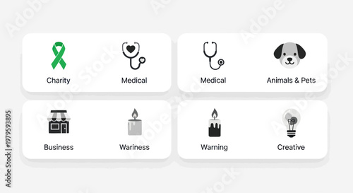 Collection of modern icons: charity, medical, business, warmth, creative, pets