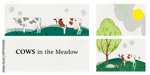Stylized illustration of cows grazing in a green meadow with simple shapes