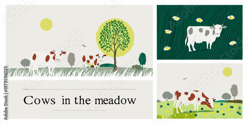 Stylized illustration of cows grazing in a green meadow with trees