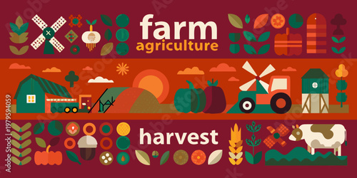 Colorful farm illustration showcasing agriculture harvest and rural elements