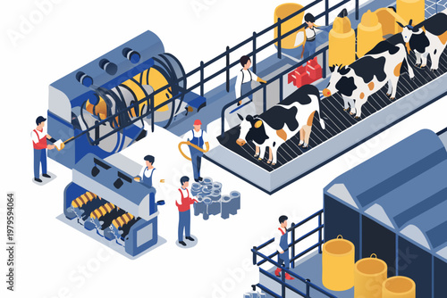 Isometric illustration of a modern dairy farm with workers and cows