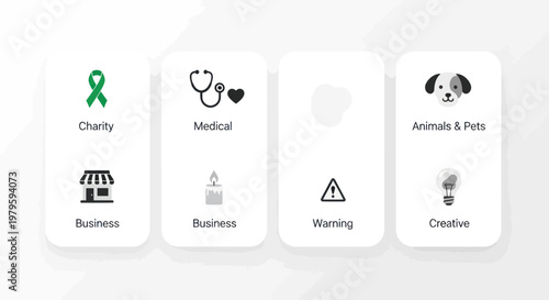 Concept Icons for Charity, Medical, Business, Animals, Warning, Creative