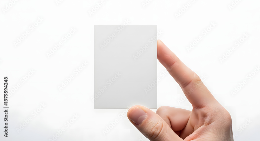 Obraz premium A single human hand holds a vertical blank white rectangular paper card, providing a perfect clean template for custom designs.