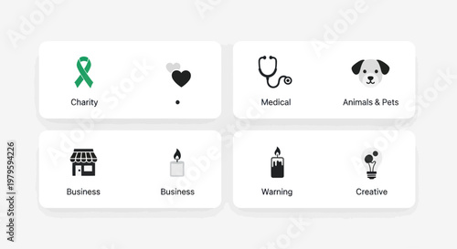 Conceptual Icons Representing Charity, Medical, Animals, Business, Warming, Creative Ideas