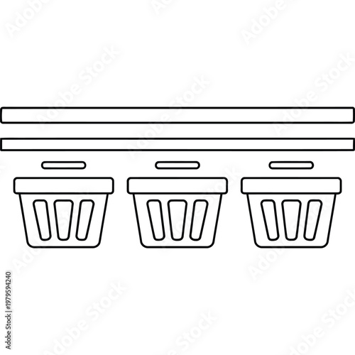 Simple Line Drawing of Three Identical Trash Bins Aligned Under Horizontal Shelves
