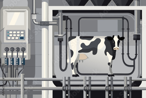 A holstein cow stands within a modern robotic milking machine system