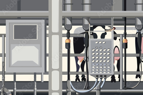 Modern dairy farm interior with a cow undergoing automated milking process