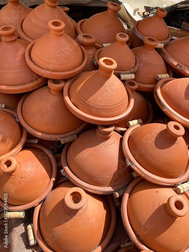 Clay tagines are sold at a street market in Marrakech, Morocco