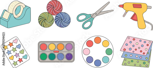 Craft and art supply icon set with scissors glue gun yarn and paint for DIY projects and creative hobby vector illustration.