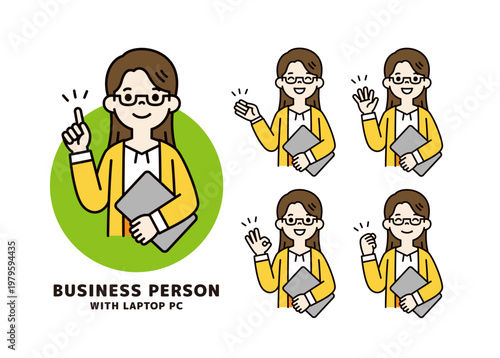 ノートパソコンを持った若い女性・社員・OLの様々なポーズの上半身ベクターイラスト素材セット