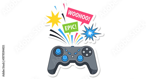 Gaming controller with colorful explosion and wow stickers