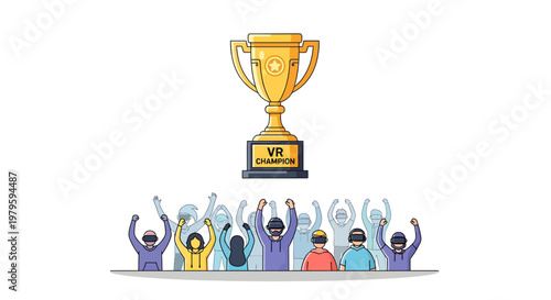 People celebrating with trophy, winners, success and achievement