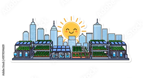 city skyline with green roofs and smiling sun