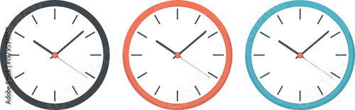 Clean vector design of three modern clocks with different color frames displaying same time in simple flat style
