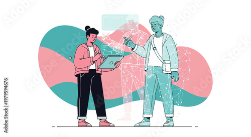 Innovative collaboration of designers using digital platforms to create visual projects