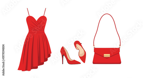 Red Cocktail Dress High Heels Handbag Outfit For Fashion Illustration