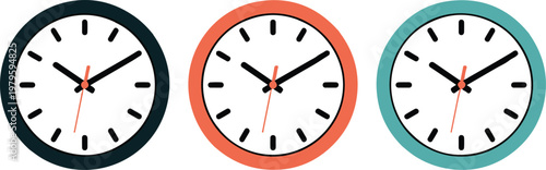 Clean vector design of three modern clocks with different color frames displaying same time in simple flat style