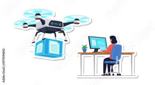 Man working on computer with drone delivering package nearby