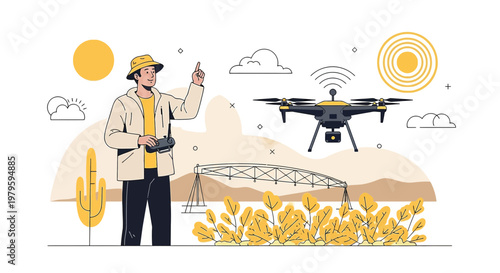 Innovative drone technology for aerial exploration with a man operating device outdoors