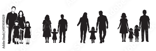 Diverse silhouettes of families walking together holding hands with black and white background silhouette