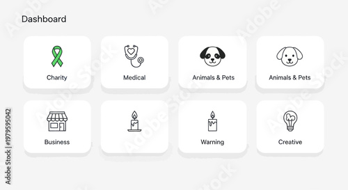 Dashboard Icons: Charity, Medical, Animals, Business, Warning, Creative Concepts