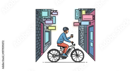 Man riding bicycle through city alleyway with coffee