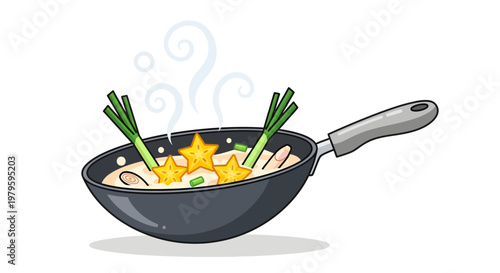 Delicious food in a frying pan with steam rising