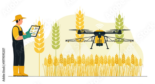 Innovative farming illustration showcasing drone monitoring wheat crop with farmer controlling