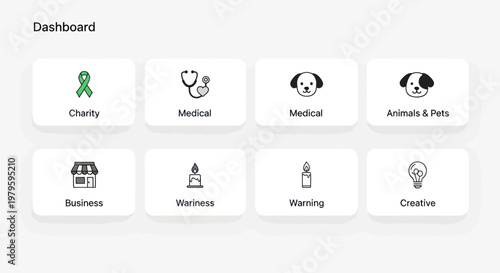 Dashboard Icons: Charity, Medical, Business, Pets, Wellness, Warning, Creative