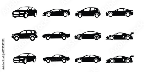 Modern car silhouette icons set, black vehicle vector collection of 12 elements, automotive transport symbols for web design and mobile apps