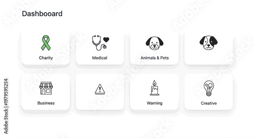 Dashboard Icons: Charity, Medical, Pets, Business, Warning, Candle, Creative