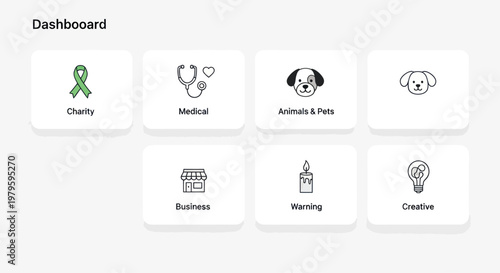 Dashboard Icons: Charity, Medical, Pets, Business, Warning, Creative Ideas