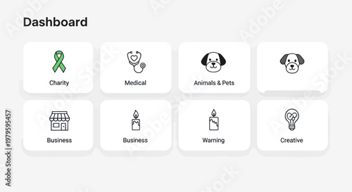 Dashboard UI with Icons: Charity, Medical, Pets, Awareness, Haircare, Warming, Creative