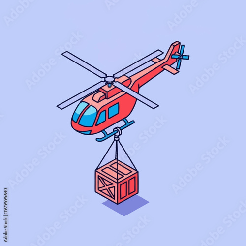 Red helicopter lifting a wooden crate.