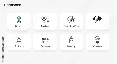 Dashboard with 8 UI Icons: Cruelty, Medical, Animals, Business, Warning, Creative