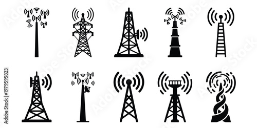 Telecommunication tower icons set, black radio antenna silhouettes, 10 vector cellular transmitter masts with signal waves for network design