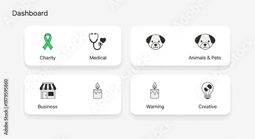 Dashboard with icons for Charity, Medical, Business, Pets, Warming, Creative