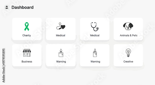 Dashboard with icons for Charity, Medical, Pets, Business, Warning, and Creative