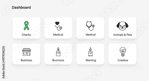 Digital Dashboard with Icons: Charity, Medical, Business, Animals, Creative