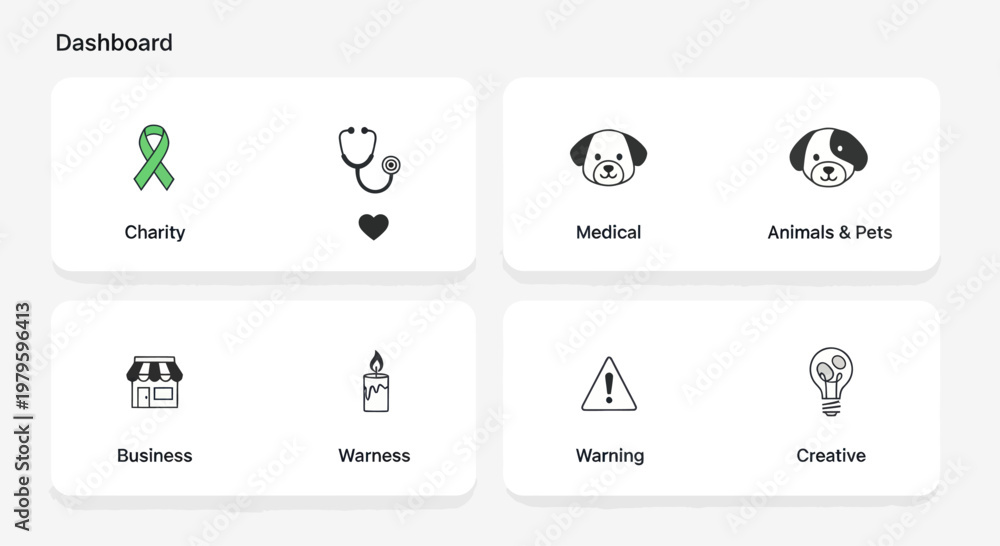 Naklejka premium Digital Dashboard with Icons for Charity, Medical, Business, Warning, Creative