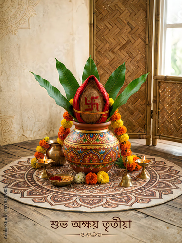 Traditional Indian Kalash decoration with swastika symbol and mango leaves for Akshay Tritiya festival celebration