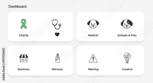 Digital Dashboard with Icons for Charity, Medical, Business, Warning, Creative