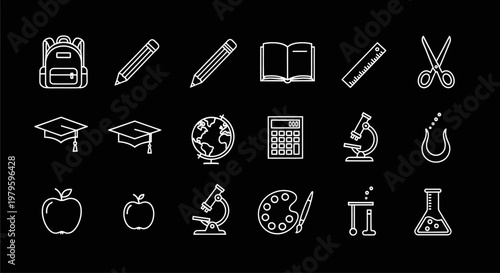 Education and Learning Icons: School Supplies, Science, Art, and Graduation