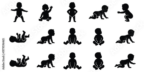 Foto Baby silhouette collection with 15 infant icons, black toddler figures in variou