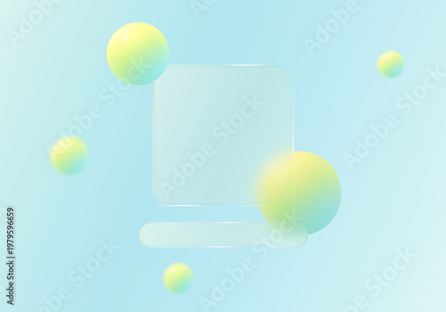 Abstract vector composition with a translucent square glass card, rounded bar, and pastel yellow cyan spheres on a light blue background.