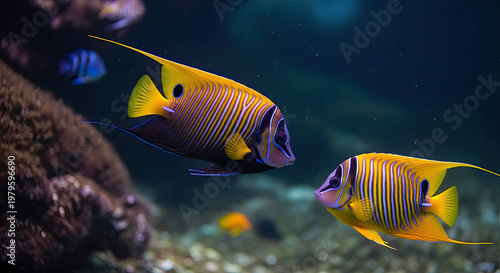 Two vibrant yellow fish with blue stripes swim together in a coral reef isolated on white background
